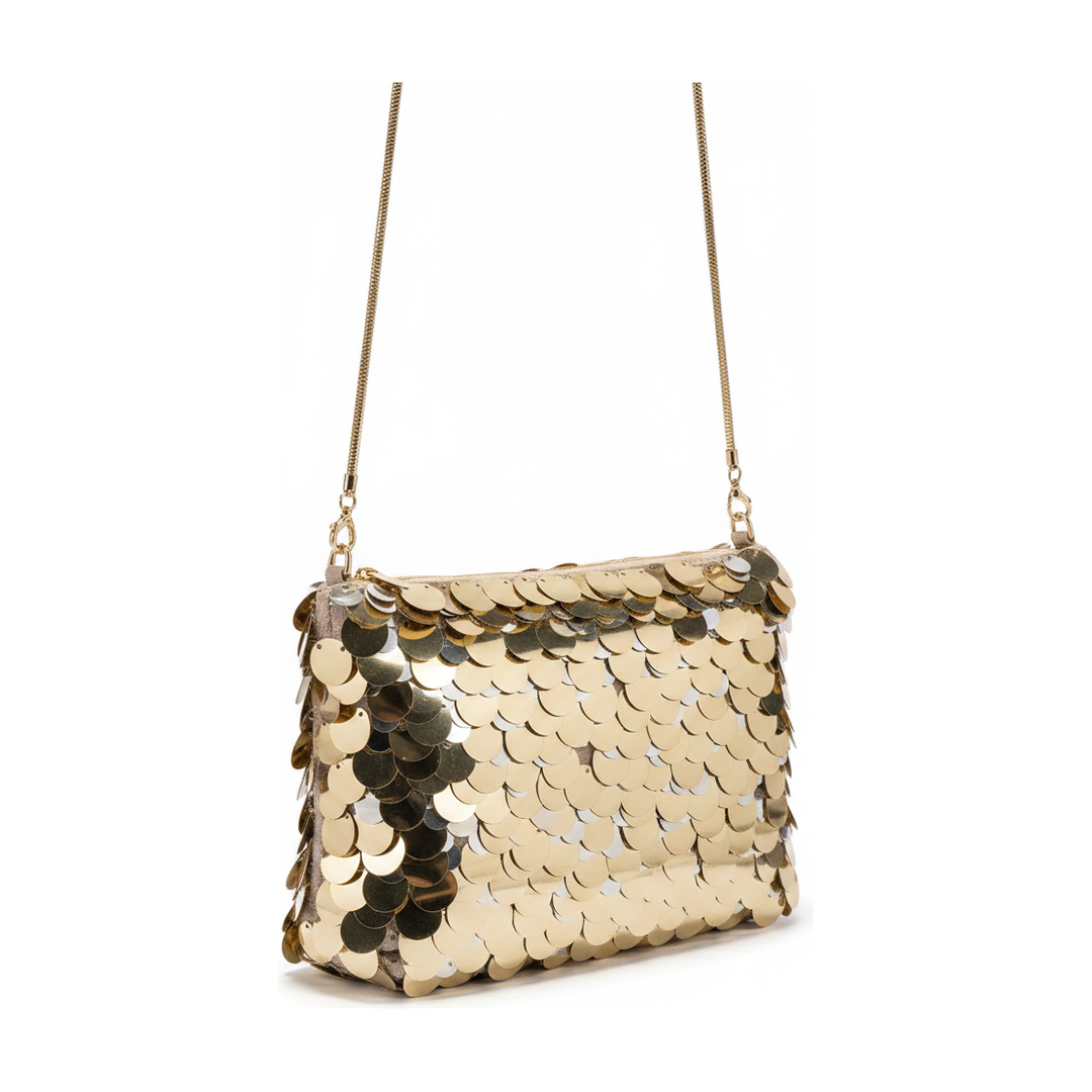Bolsa de Festa Feminina Paetê Dourado Alça Corrente - lateral