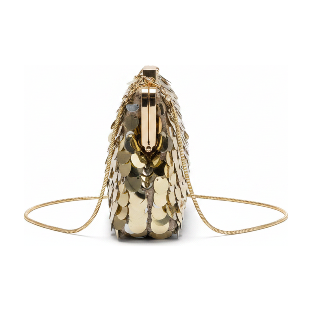 Bolsa de Festa Feminina Paetê Dourado Alça Corrente - ângulo
