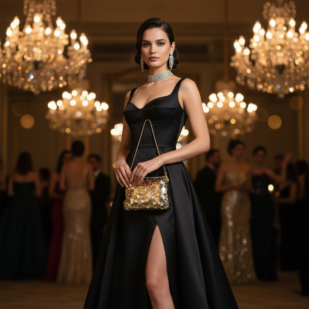 Bolsa de Festa Feminina Paetê Dourado Alça Corrente com modelo