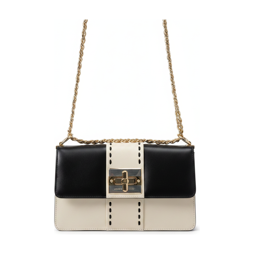Bolsa Victor Hugo Flap Corrente Preto e Off White Ombro