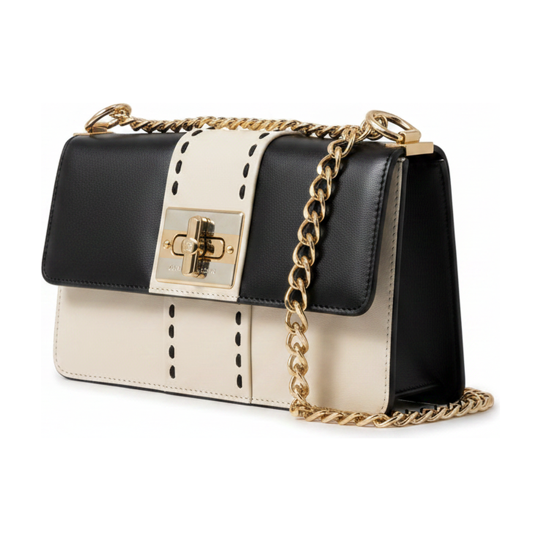 Bolsa Victor Hugo Flap Corrente Preto e Off White Ombro - ângulo