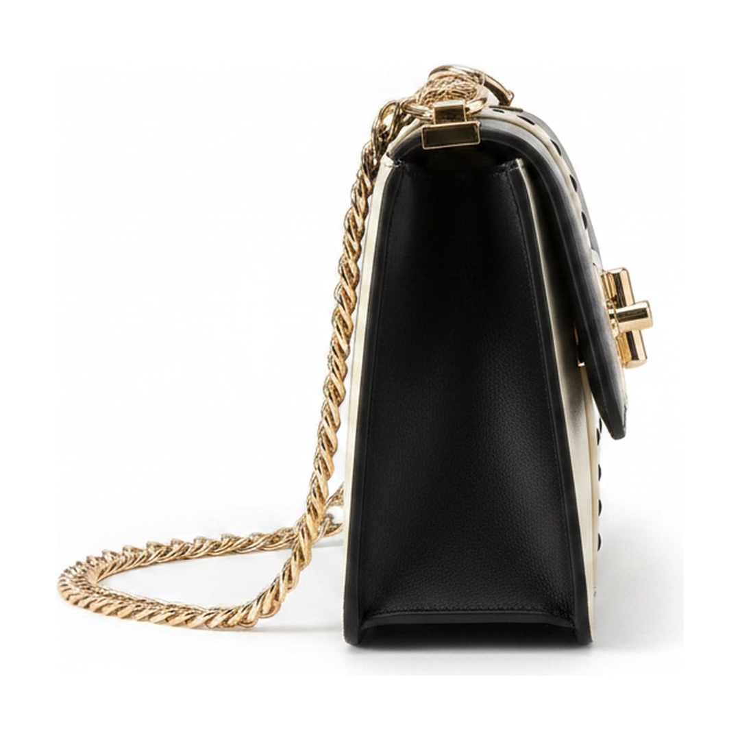 Bolsa Victor Hugo Flap Corrente Preto e Off White Ombro - lateral