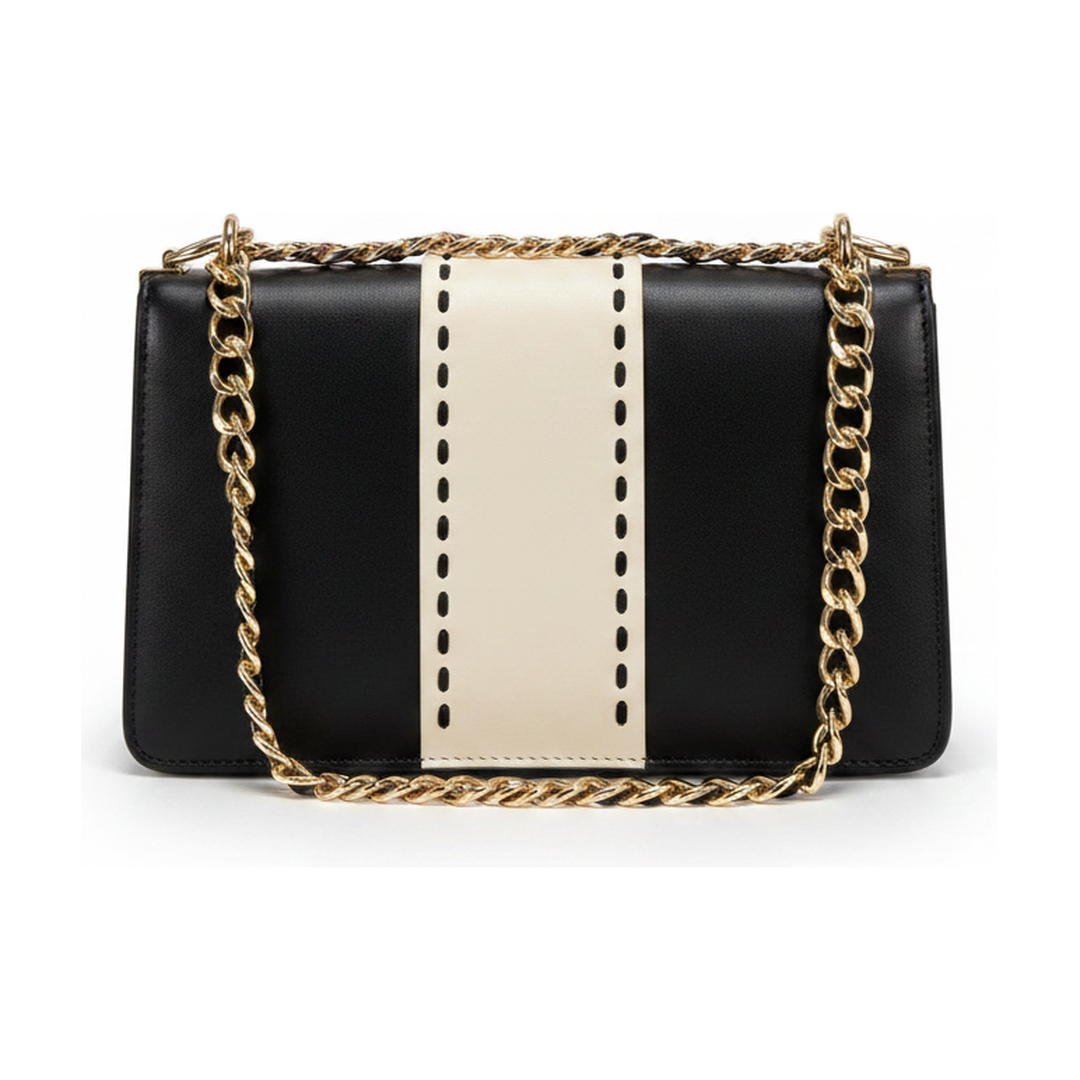 Bolsa Victor Hugo Flap Corrente Preto e Off White Ombro - traseira