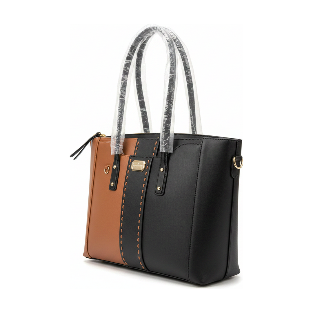 Bolsa Tote Victor Hugo Bicolor Preto e Caramelo Ombro - ângulo