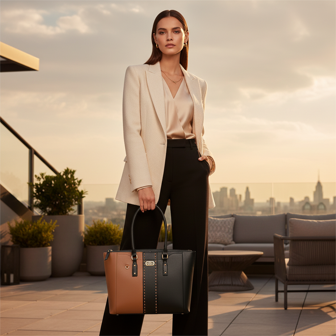 Bolsa Tote Victor Hugo Bicolor Preto e Caramelo Ombro com modelo