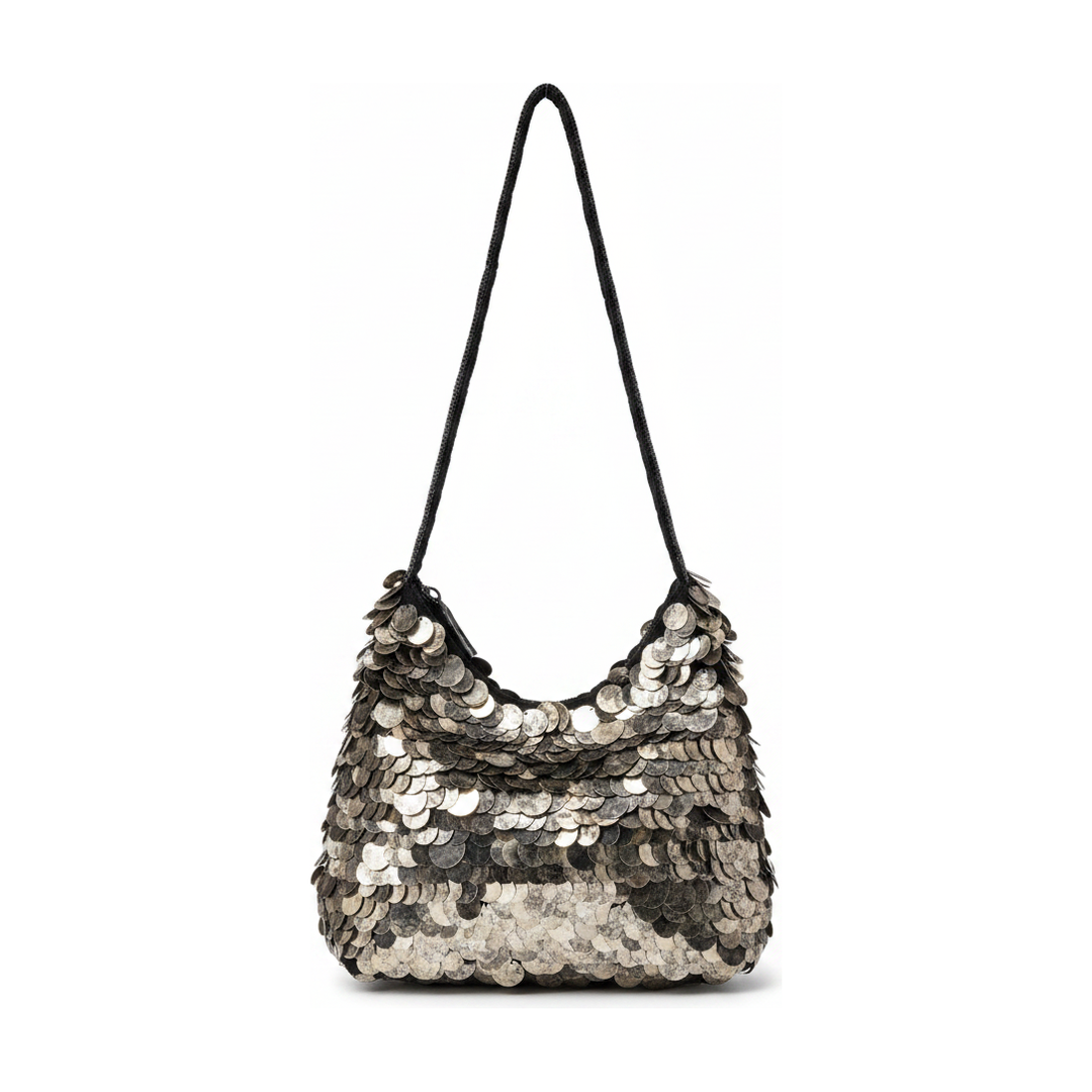 Bolsa Ombro Feminina Paetê Disco Chumbo Metalizado