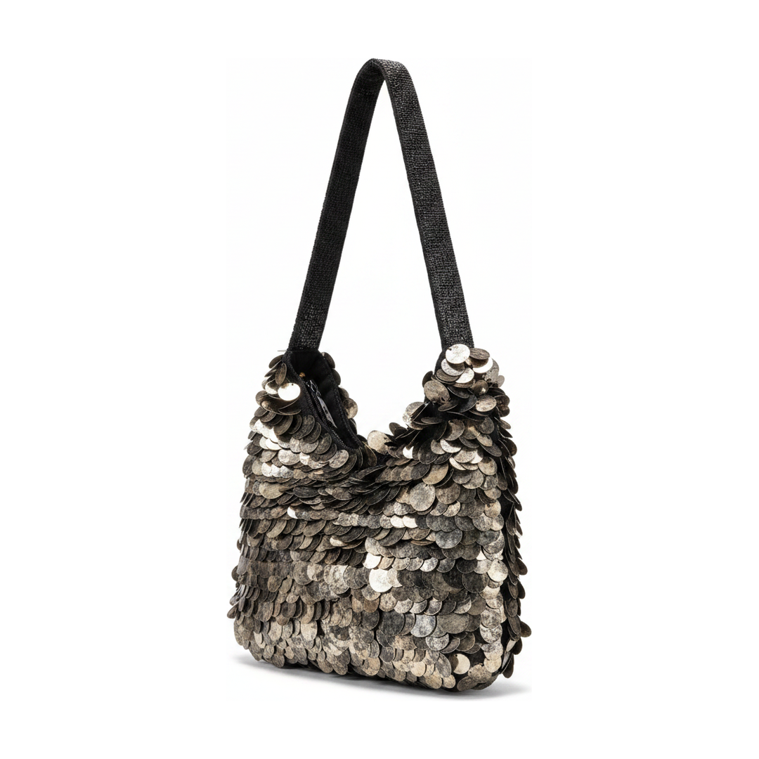 Bolsa Ombro Feminina Paetê Disco Chumbo Metalizado - ângulo