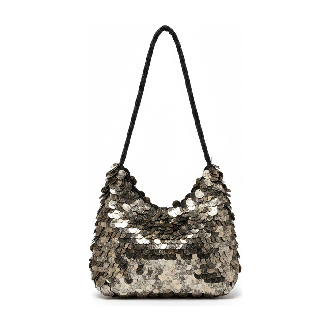 Bolsa Ombro Feminina Paetê Disco Chumbo Metalizado - traseira