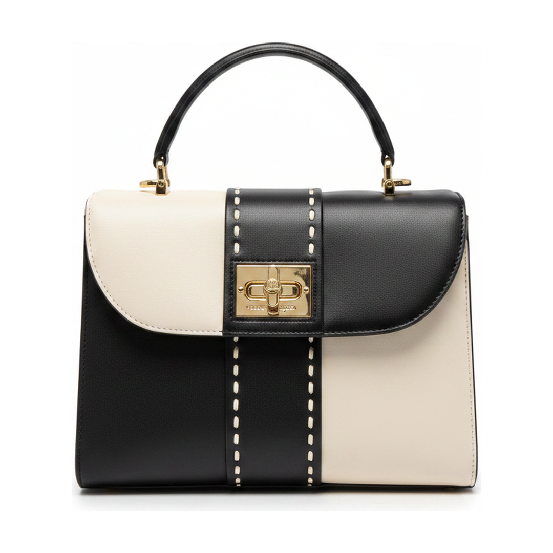 Bolsa Victor Hugo Alça de Mão Preto e Branco Ferragem Dourada