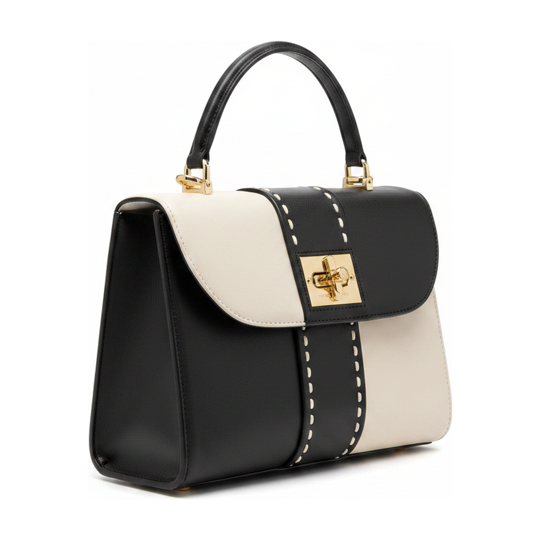 Bolsa Victor Hugo Alça de Mão Preto e Branco Ferragem Dourada - ângulo