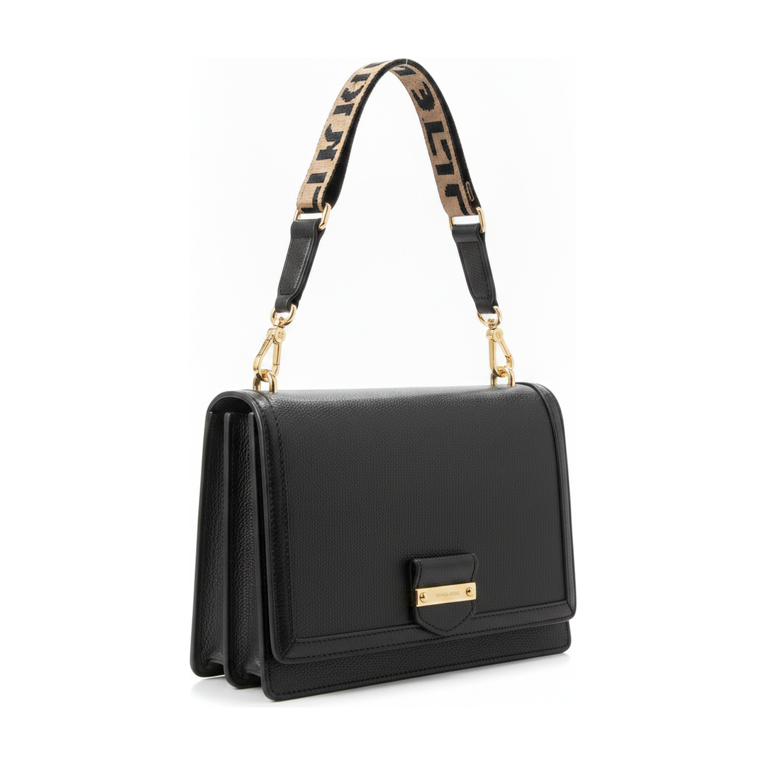 Bolsa Feminina Couro Preta Alça Animal Print Ferragem Ouro - ângulo