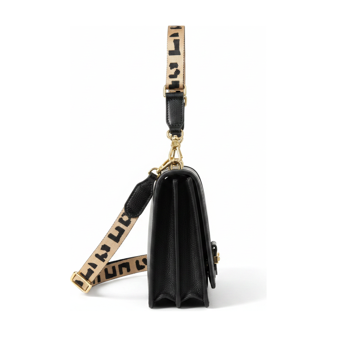 Bolsa Feminina Couro Preta Alça Animal Print Ferragem Ouro - lateral