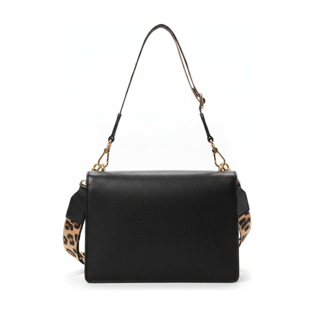 Bolsa Feminina Couro Preta Alça Animal Print Ferragem Ouro - traseira