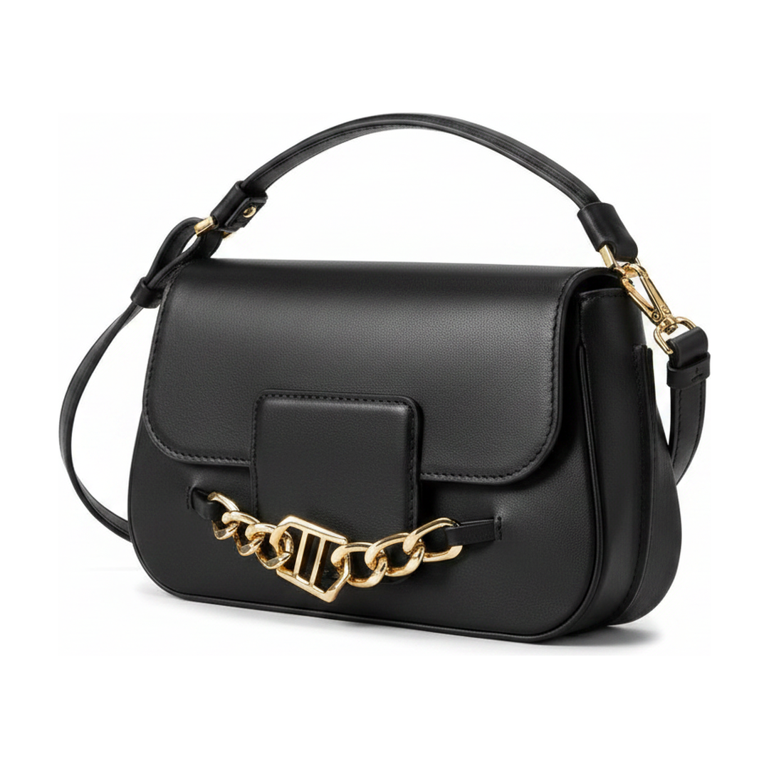 Bolsa Baguette Feminina Preta Corrente Dourada Transversal - ângulo
