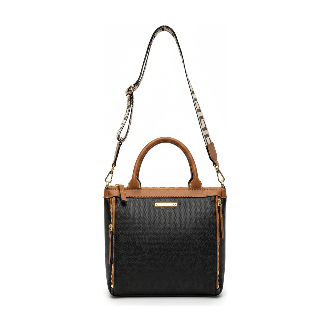 Bolsa Transversal Feminina Preta Alça Bordada Ferragem Dourada