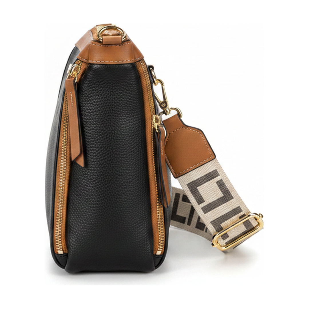 Bolsa Transversal Feminina Preta Alça Bordada Ferragem Dourada - lateral