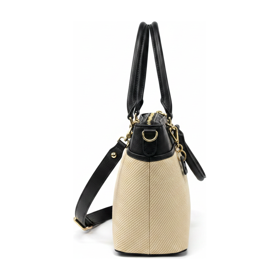 Bolsa Feminina Bege e Preta Palha Alça Transversal Zíper - lateral