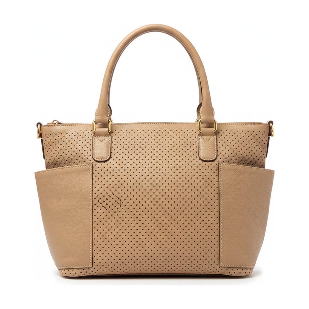 Bolsa Hobo Feminina Couro Bege Perfurado Alça de Ombro