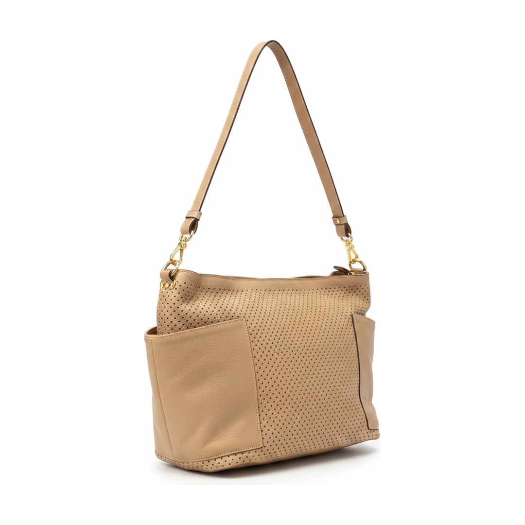 Bolsa Hobo Feminina Couro Bege Perfurado Alça de Ombro - ângulo