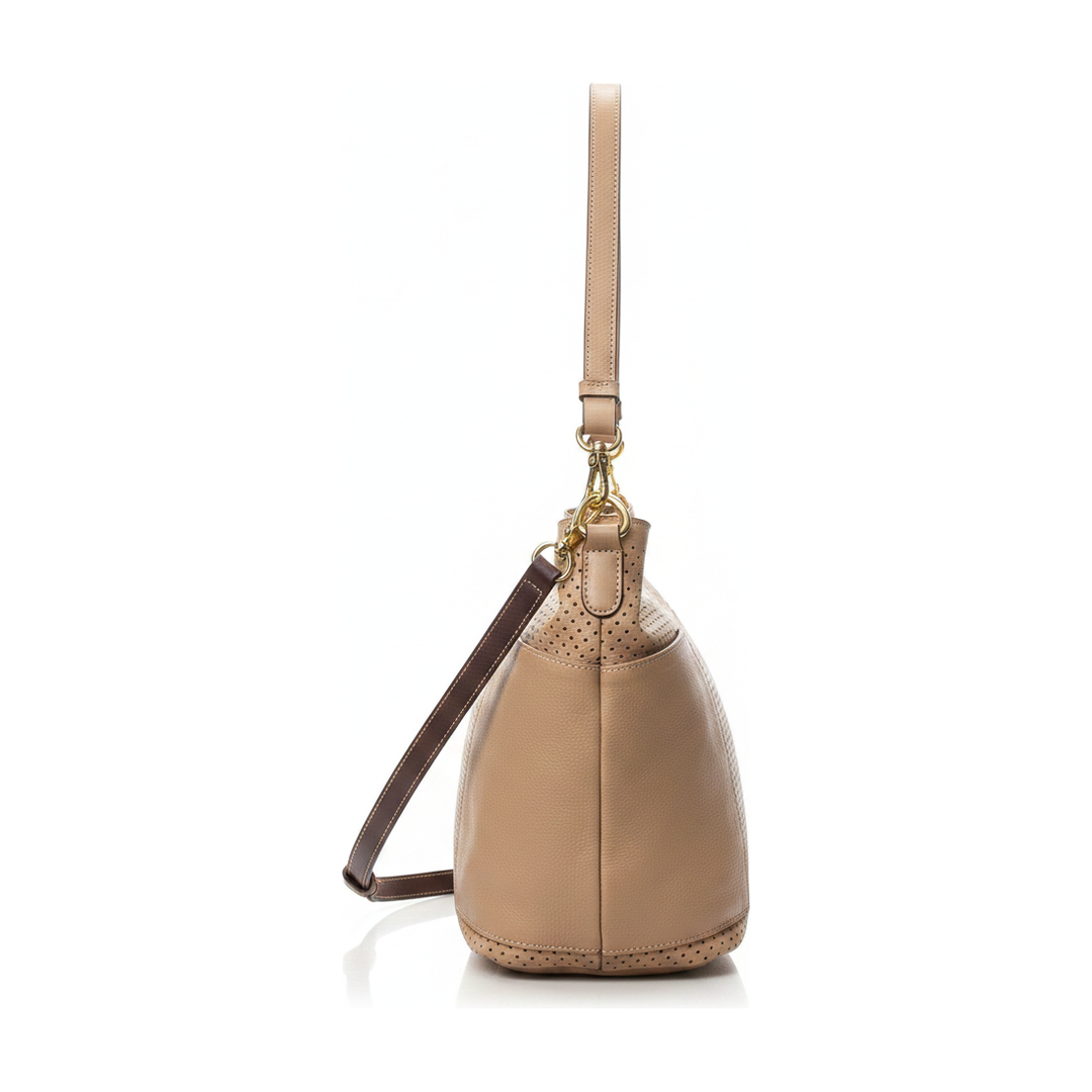 Bolsa Hobo Feminina Couro Bege Perfurado Alça de Ombro - lateral