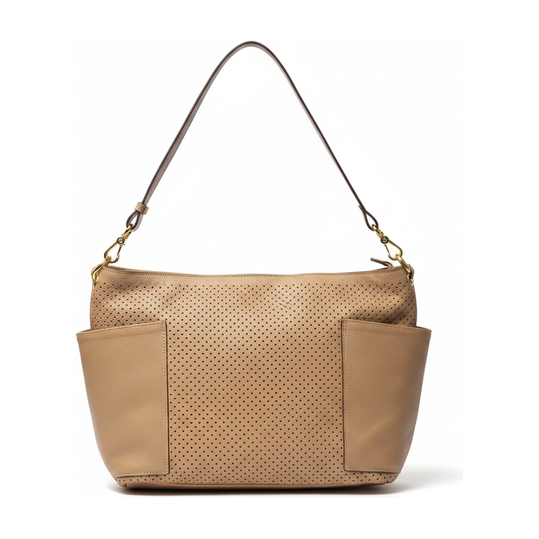 Bolsa Hobo Feminina Couro Bege Perfurado Alça de Ombro - traseira