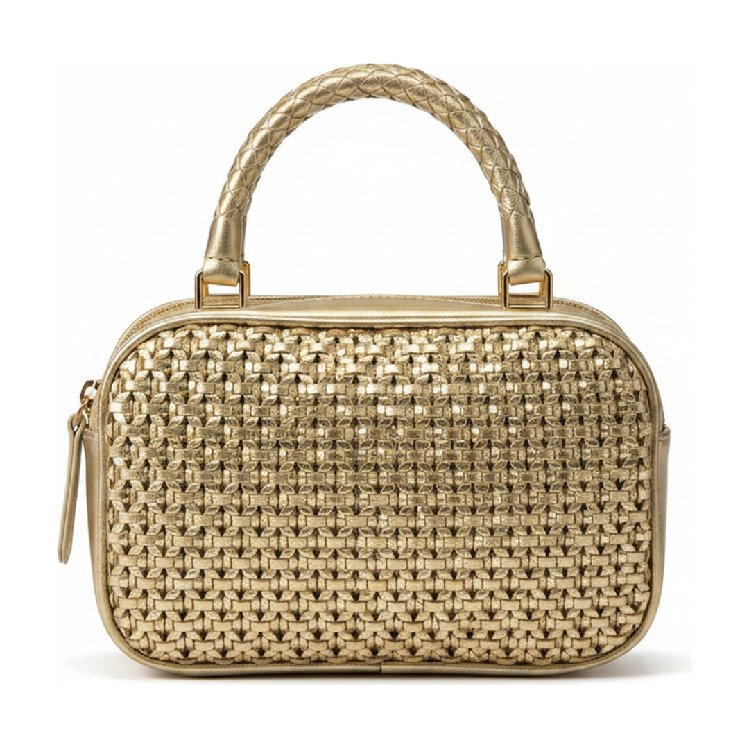 Bolsa Transversal Feminina Trançada Dourada Alça Corrente