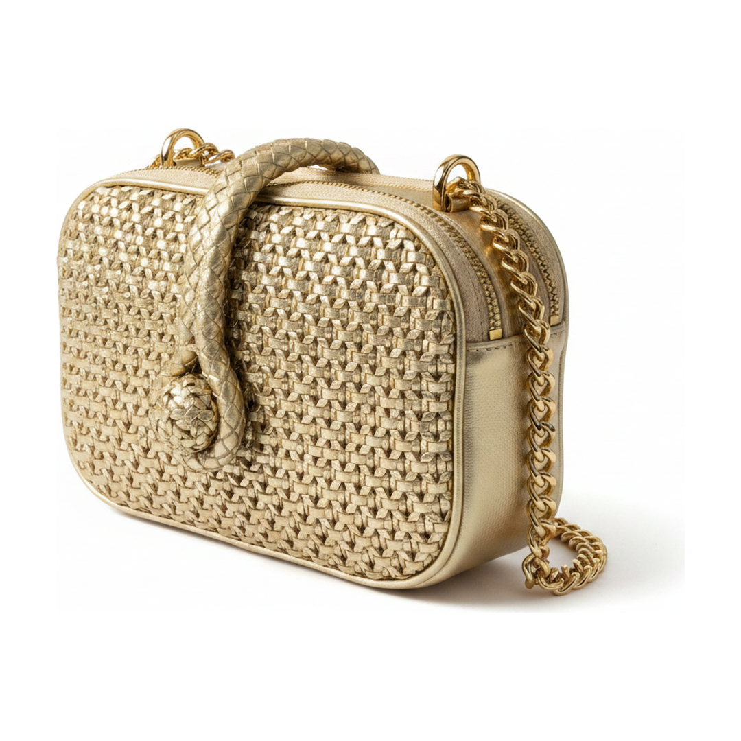 Bolsa Transversal Feminina Trançada Dourada Alça Corrente - ângulo