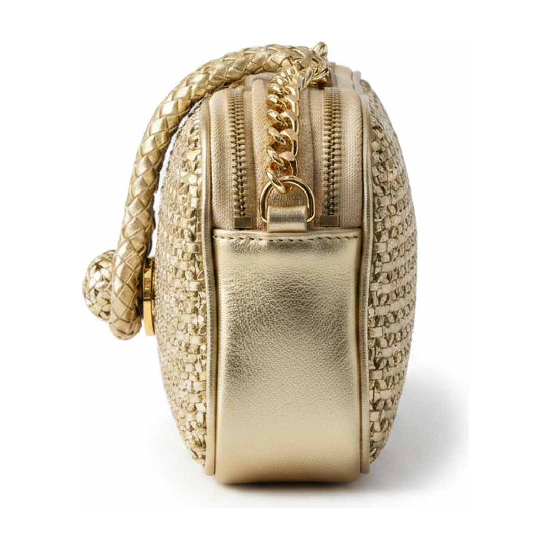 Bolsa Transversal Feminina Trançada Dourada Alça Corrente - lateral