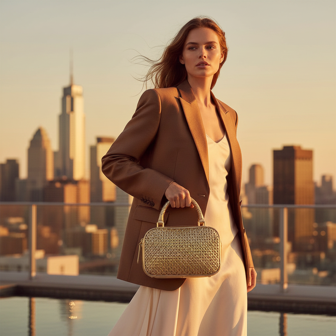 Bolsa Transversal Feminina Trançada Dourada Alça Corrente com modelo