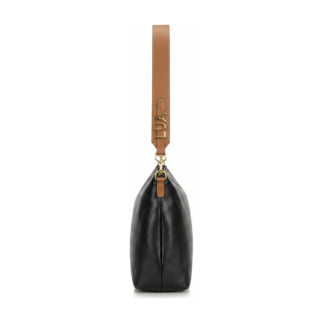 Bolsa Baguette Luz da Lua Preta Alça Marrom Ferragem Dourada - lateral