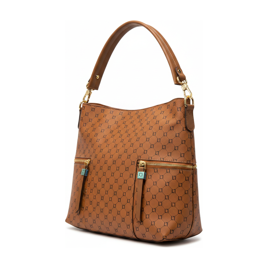 Bolsa Hobo Feminina Caramelo Monograma Alça de Ombro - ângulo