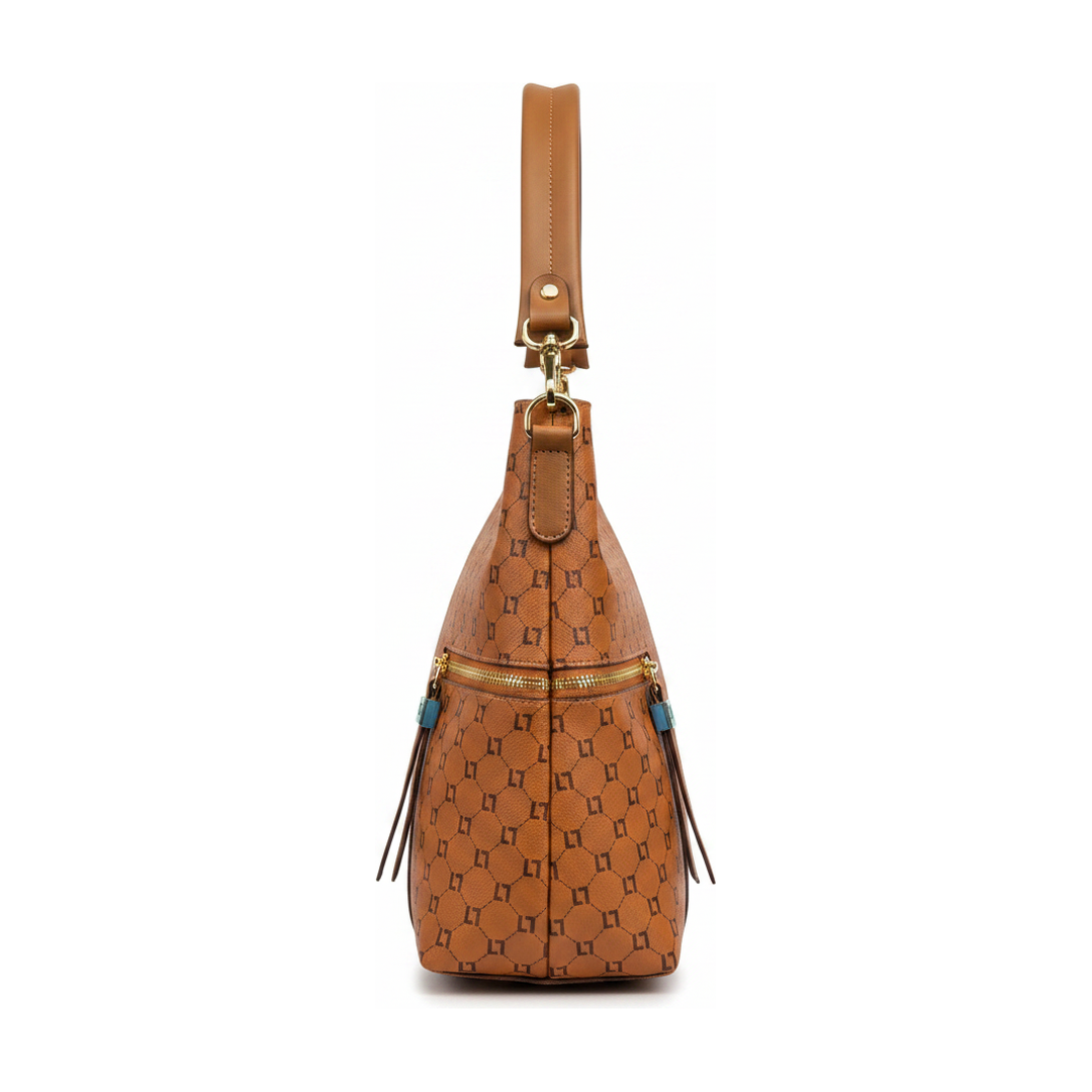 Bolsa Hobo Feminina Caramelo Monograma Alça de Ombro - lateral