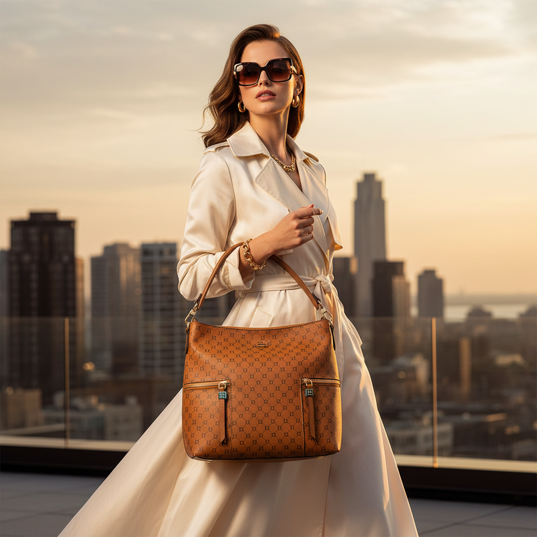 Bolsa Hobo Feminina Caramelo Monograma Alça de Ombro com modelo