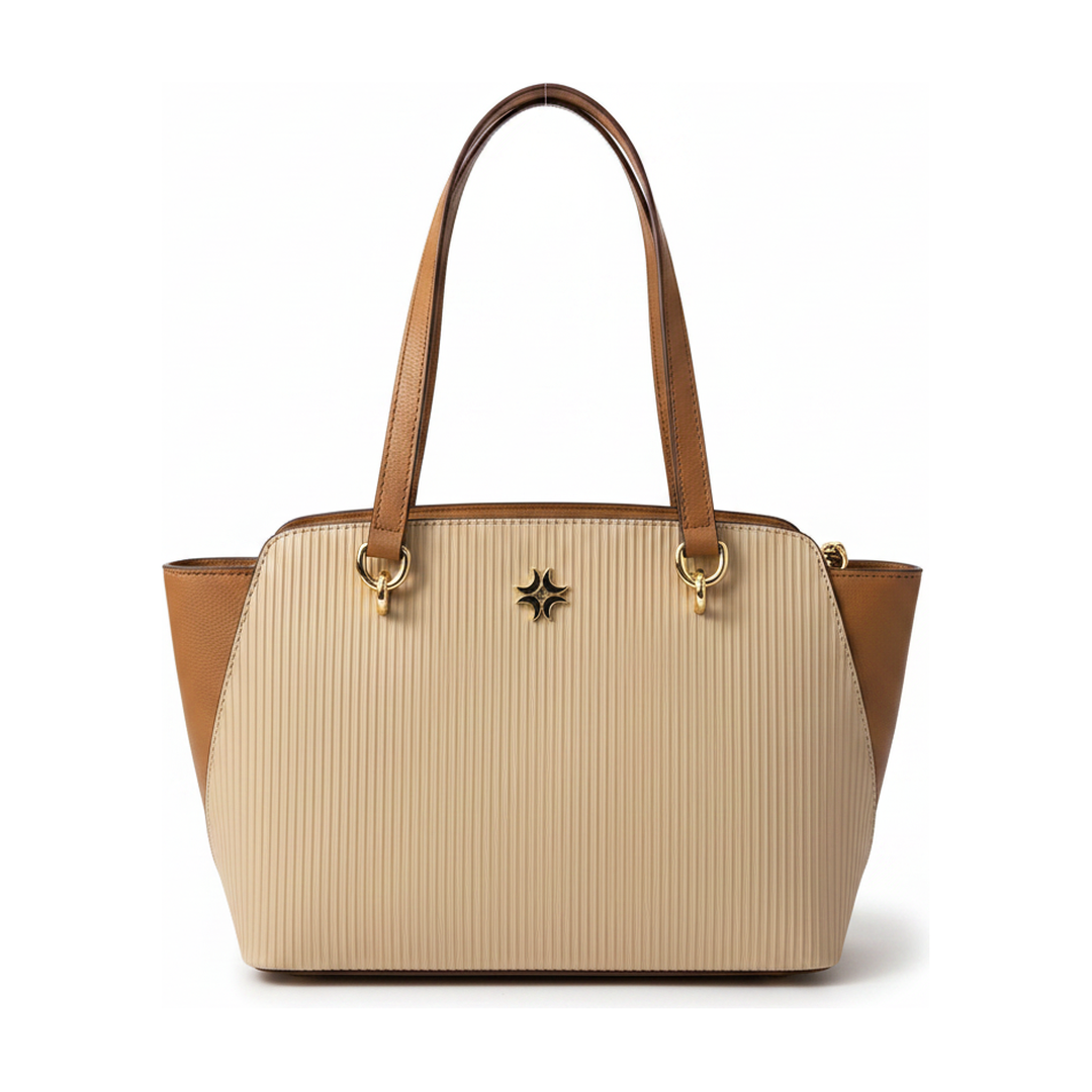 Bolsa Tote Feminina Plissada Bege Caramelo Alça de Ombro