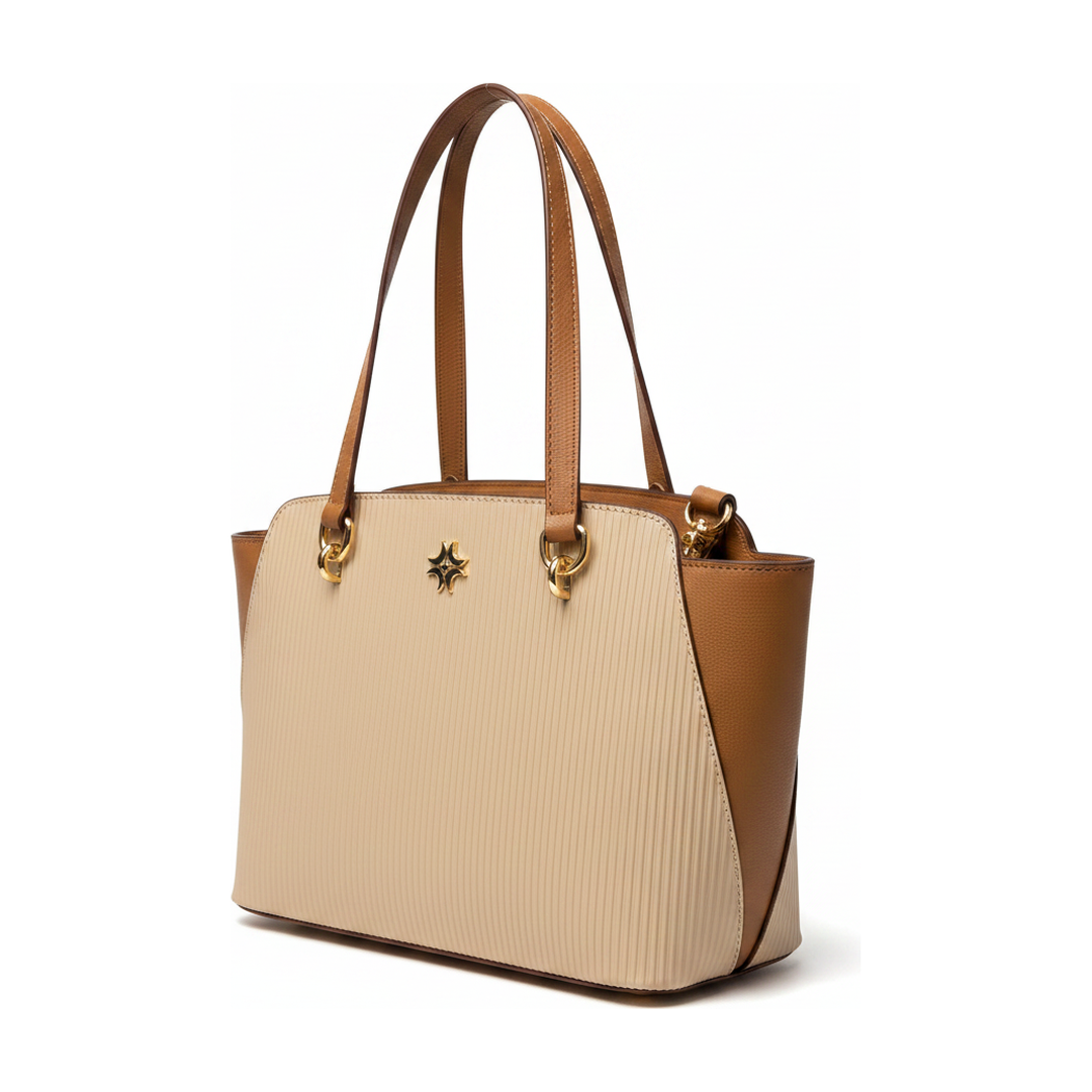 Bolsa Tote Feminina Plissada Bege Caramelo Alça de Ombro - ângulo