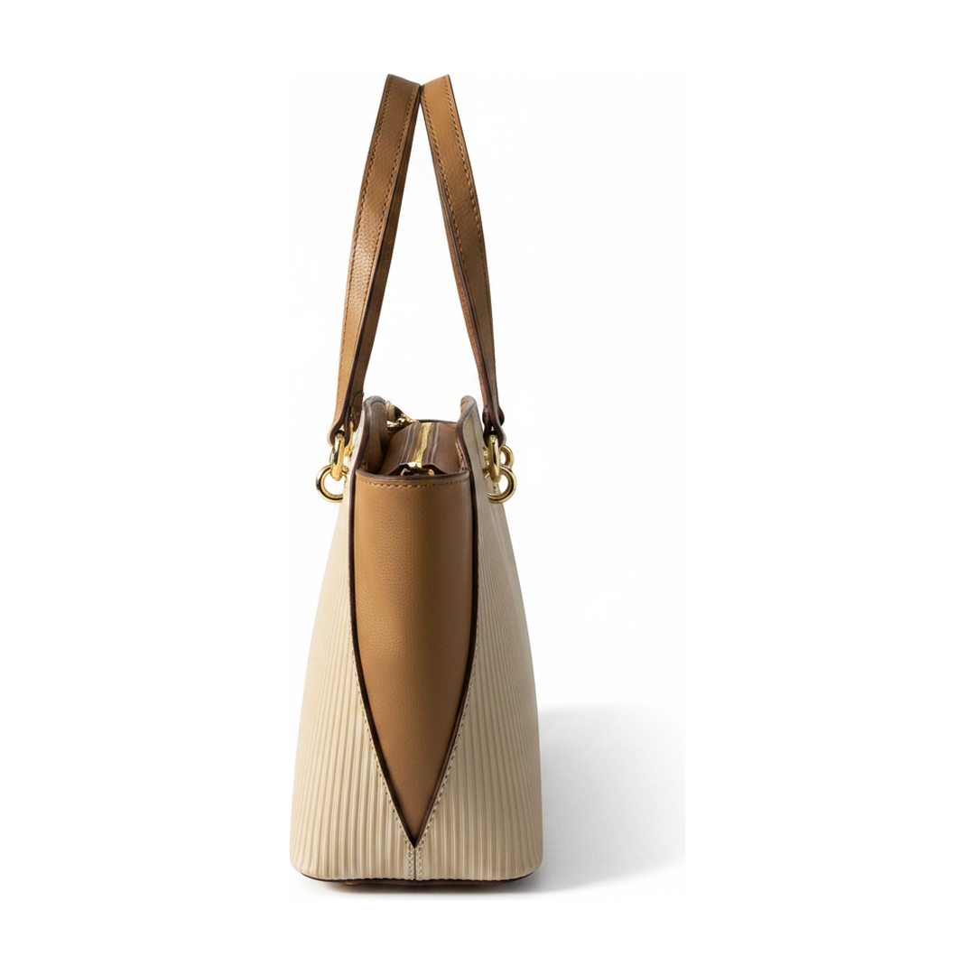 Bolsa Tote Feminina Plissada Bege Caramelo Alça de Ombro - lateral