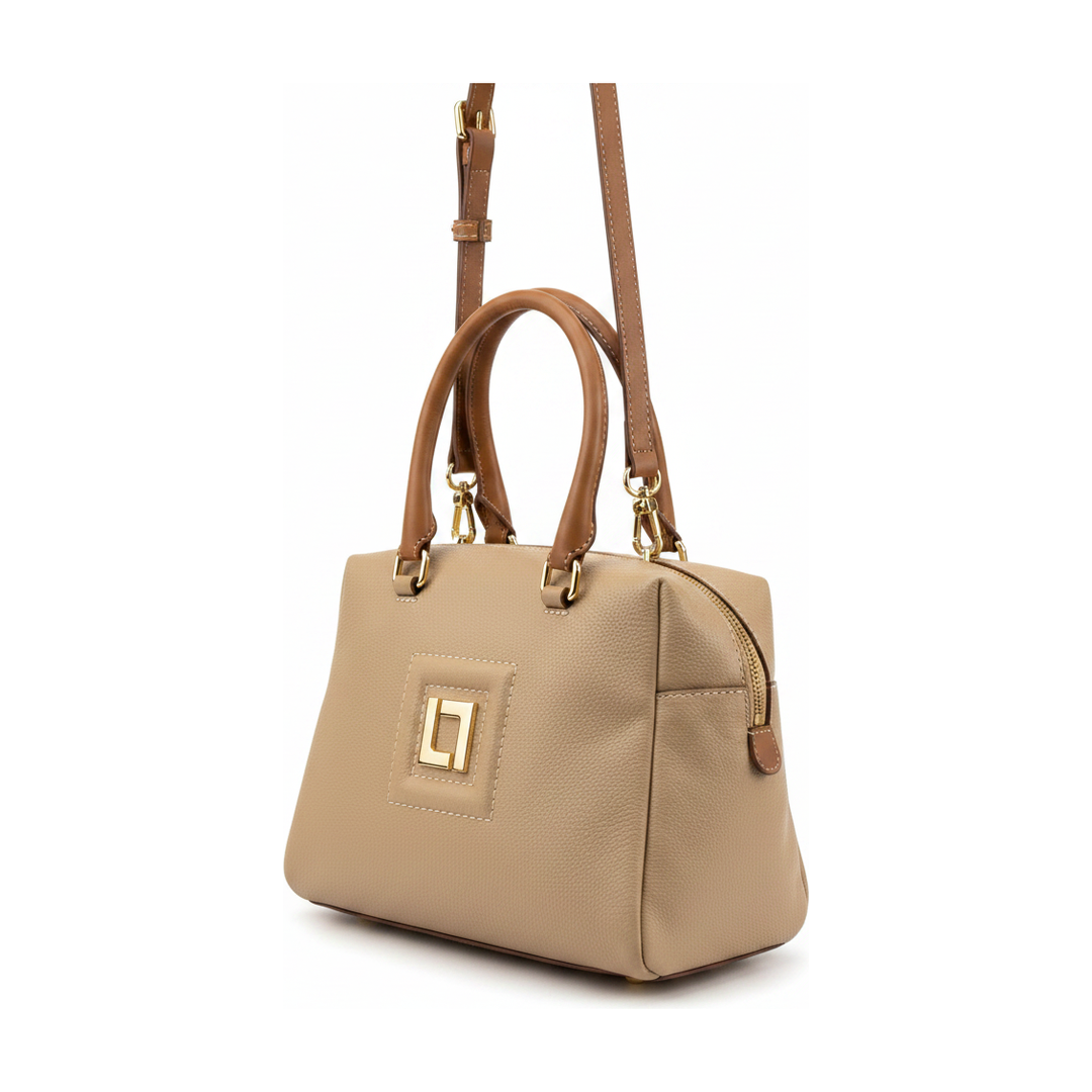 Bolsa Baú Feminina Bege Alças Caramelo Transversal - ângulo