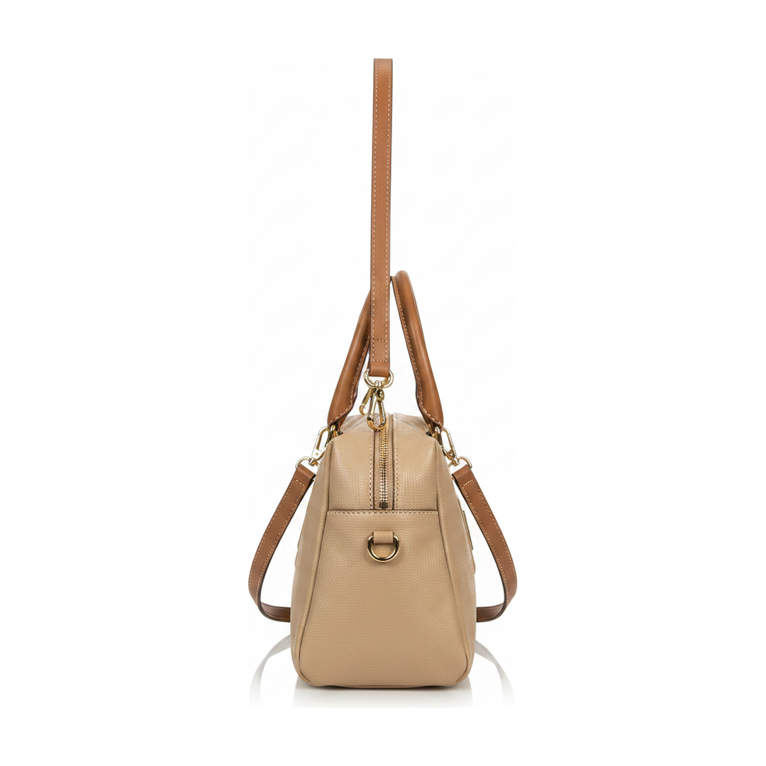 Bolsa Baú Feminina Bege Alças Caramelo Transversal - lateral