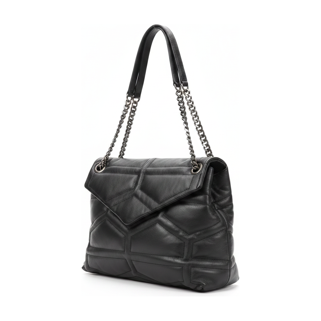 Bolsa Ombro Feminina Matelassê Puffer Preta Corrente - ângulo