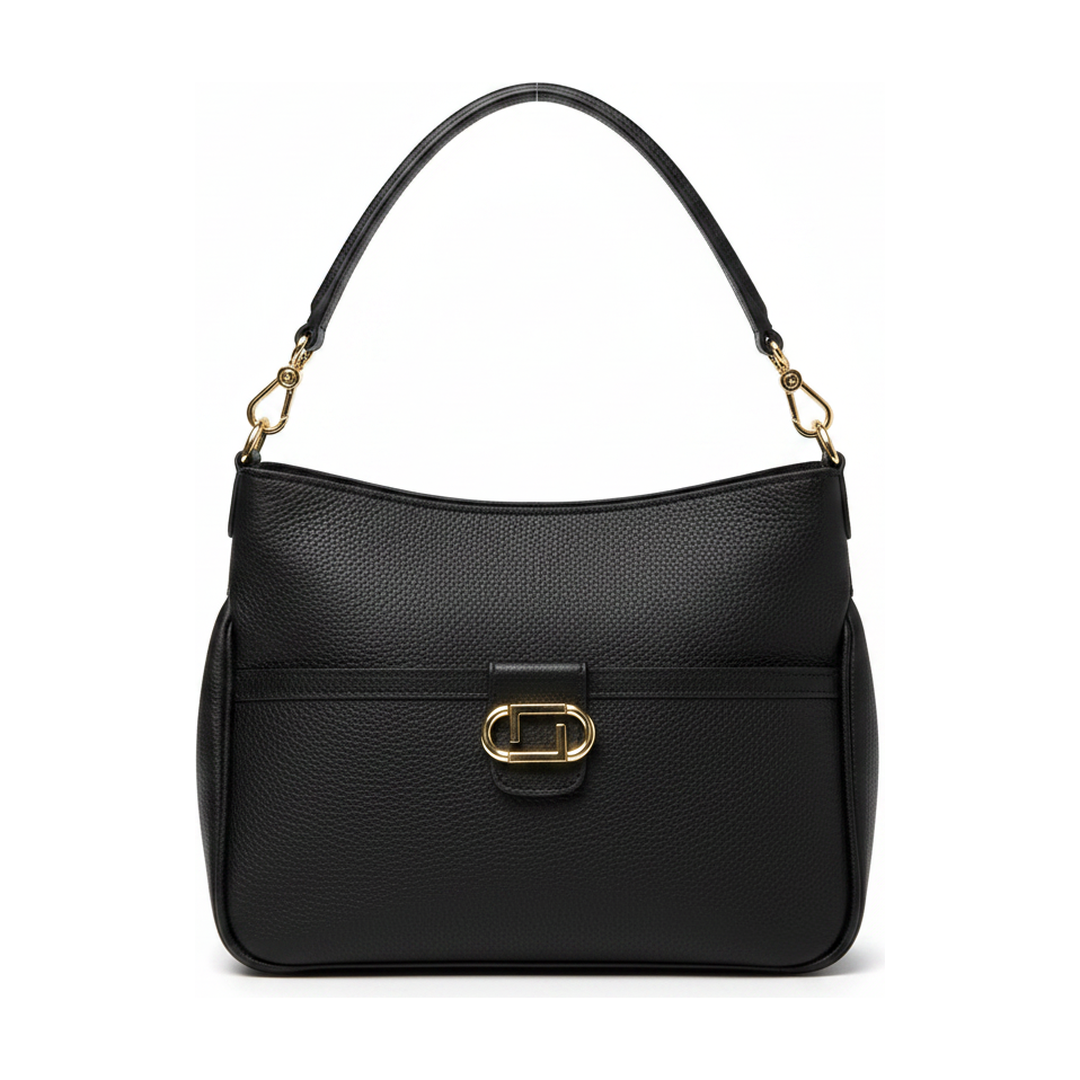 Bolsa Feminina Ombro Preta Couro Alça Jacquard Dourada