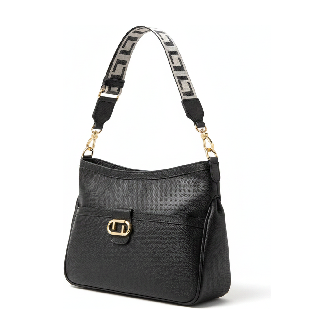 Bolsa Feminina Ombro Preta Couro Alça Jacquard Dourada - ângulo