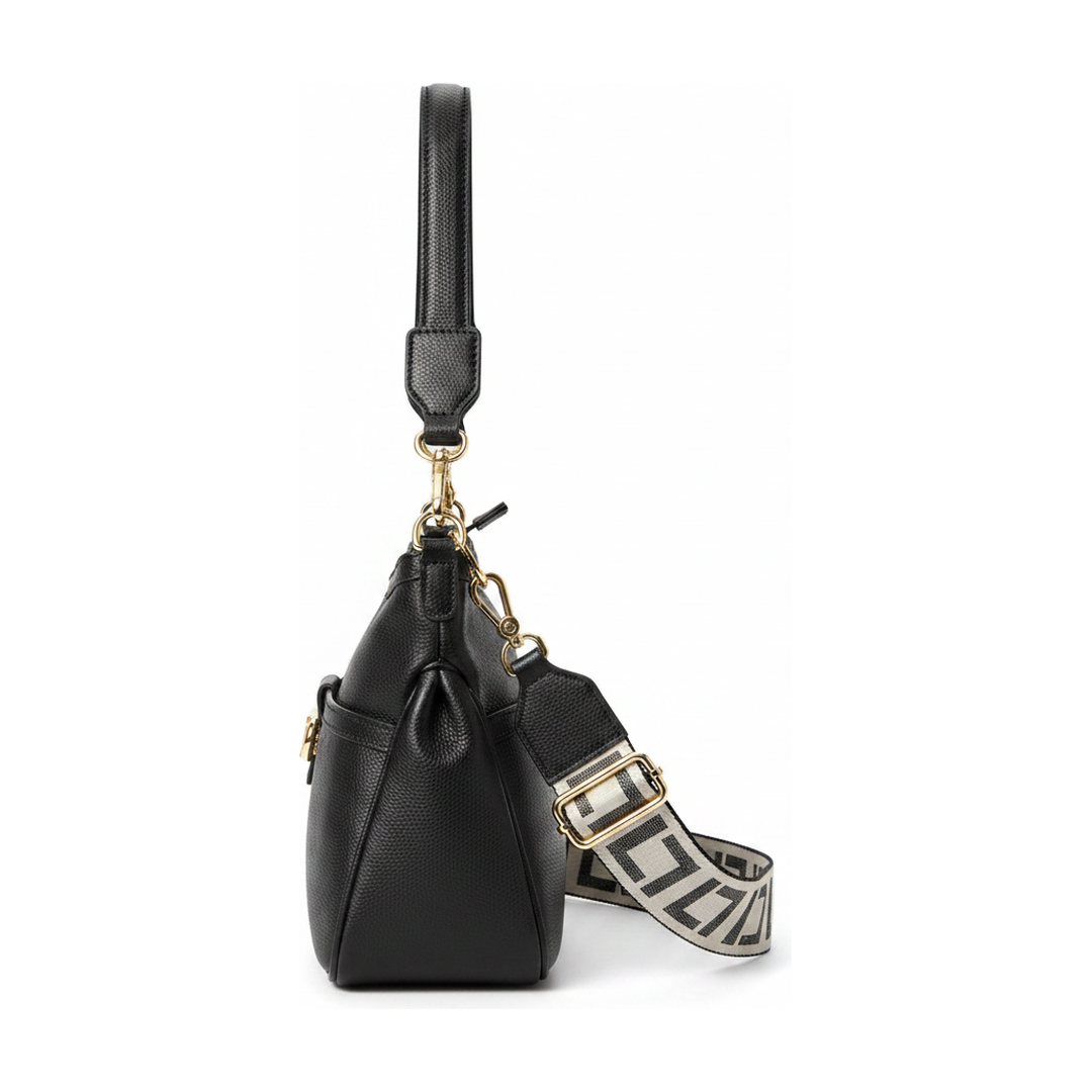 Bolsa Feminina Ombro Preta Couro Alça Jacquard Dourada - lateral