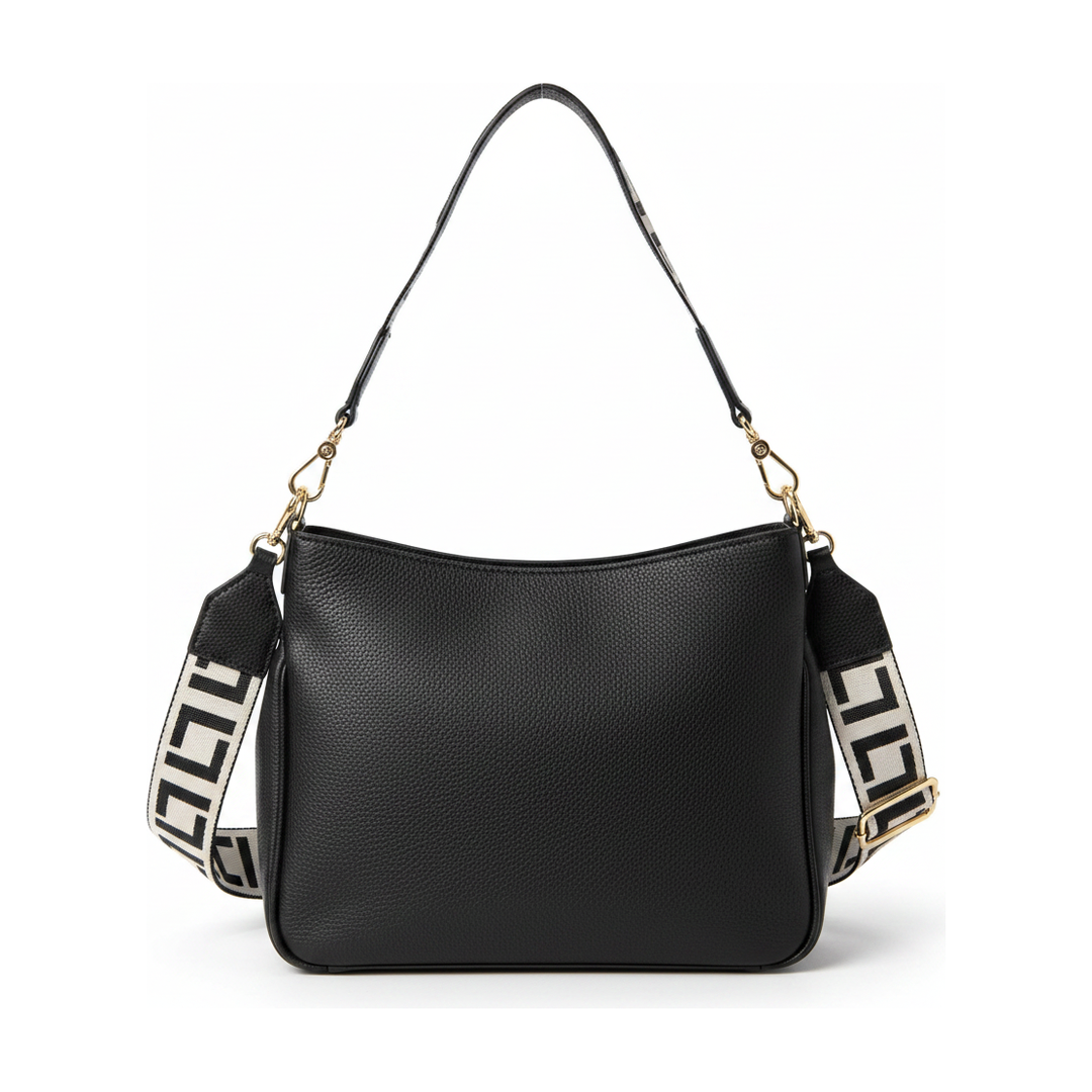 Bolsa Feminina Ombro Preta Couro Alça Jacquard Dourada - traseira
