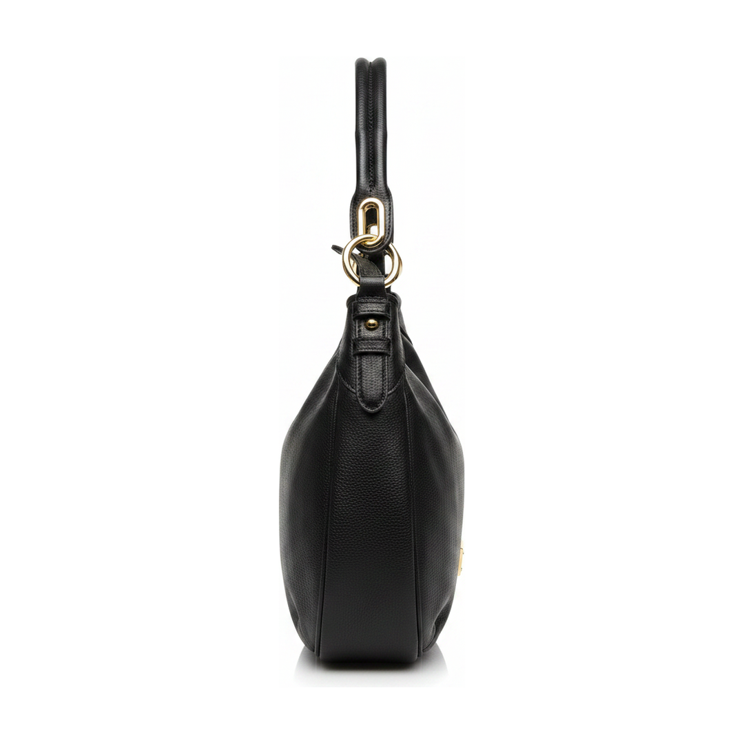 Bolsa Hobo Luz da Lua Couro Preta Alça de Ombro - lateral