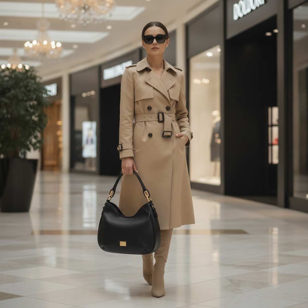 Bolsa Hobo Luz da Lua Couro Preta Alça de Ombro com modelo