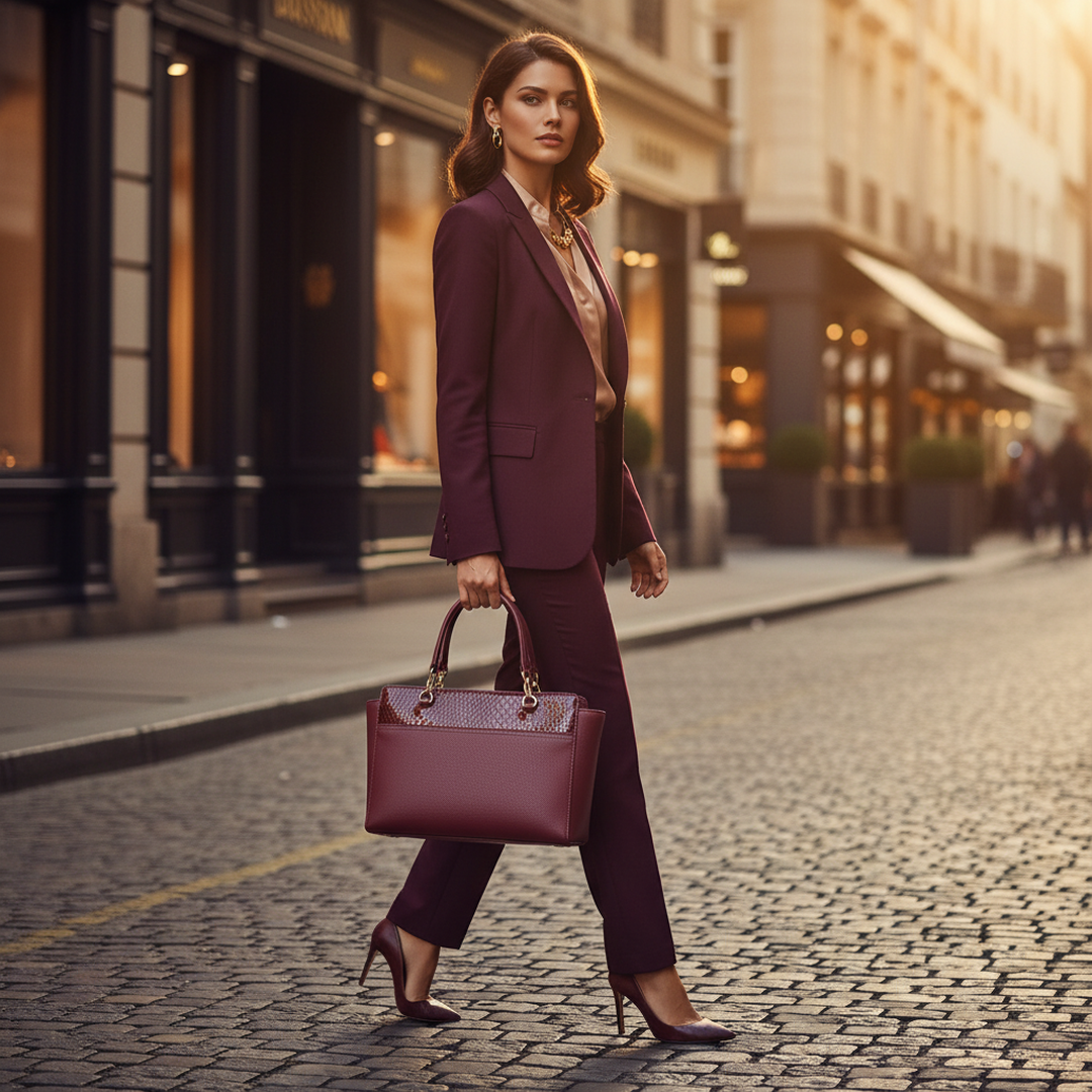 Bolsa Estruturada Feminina Couro Bordô Detalhe Verniz com modelo