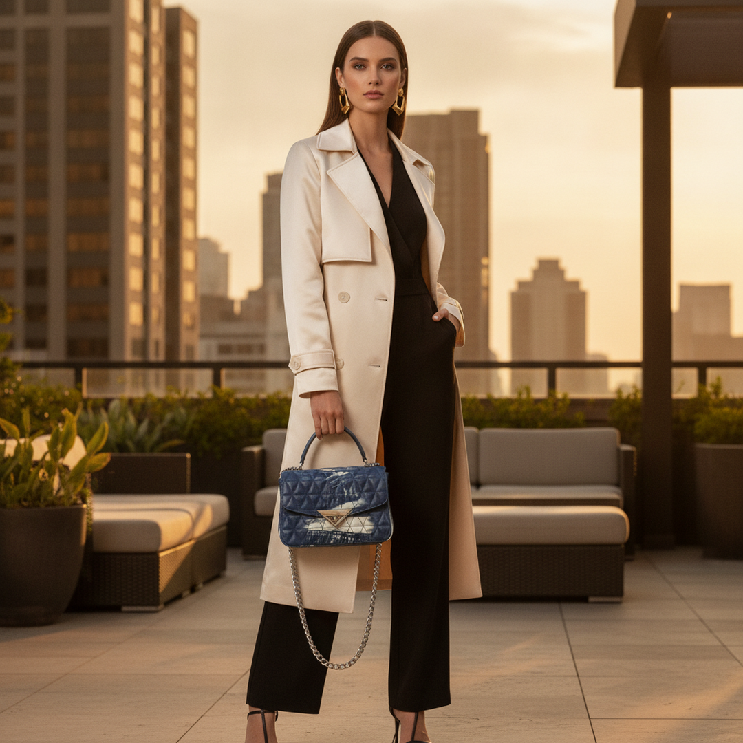Bolsa Schutz Matelassê Azul Marinho Alça Corrente Prata com modelo
