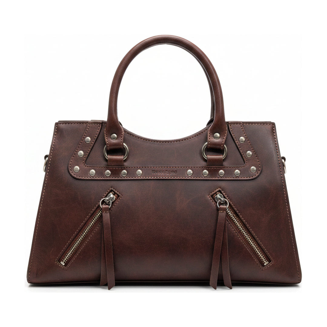 Bolsa Tote Feminina Couro Marrom Tachas Alça de Ombro