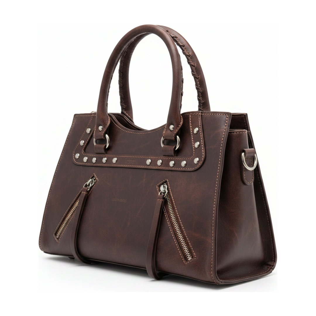 Bolsa Tote Feminina Couro Marrom Tachas Alça de Ombro - ângulo