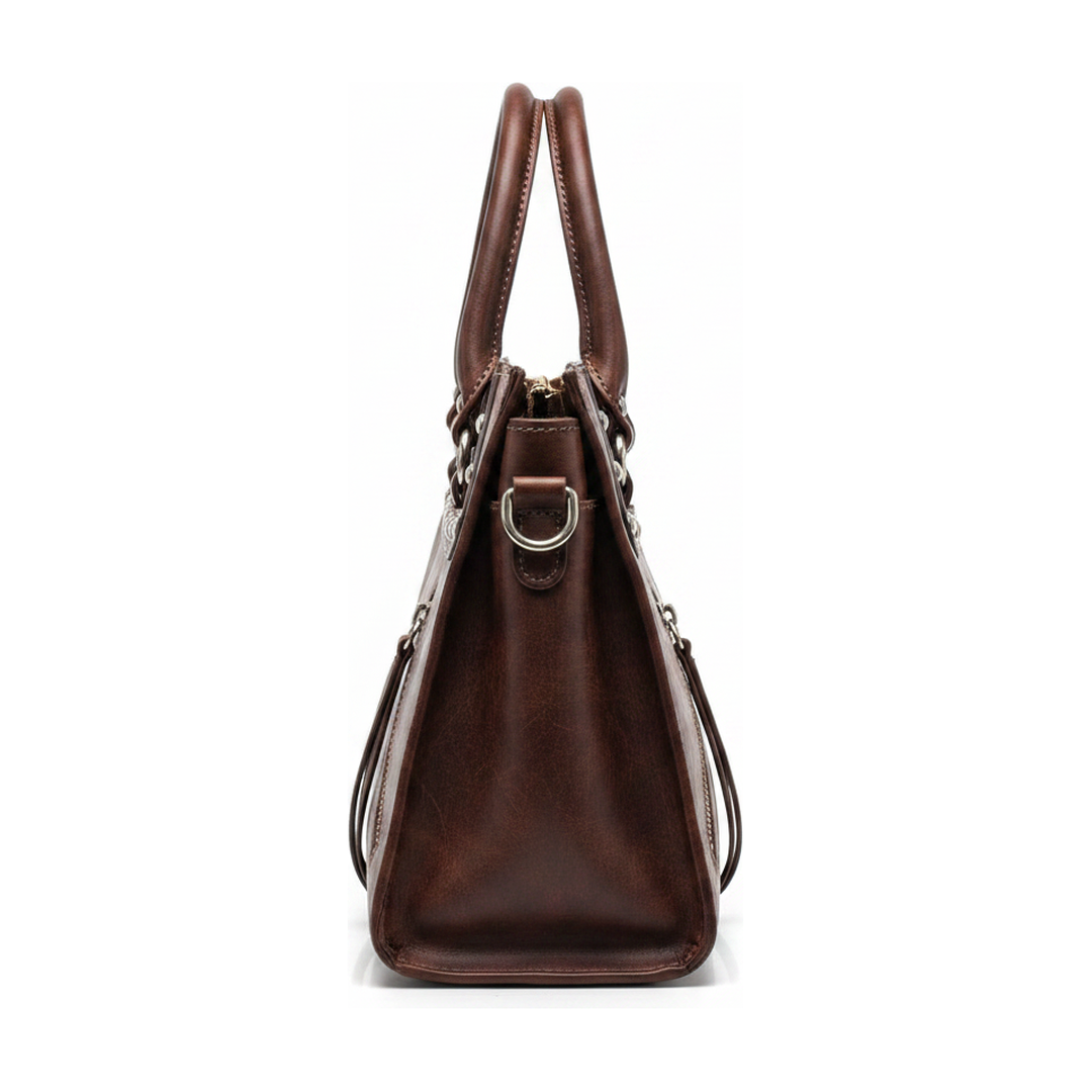 Bolsa Tote Feminina Couro Marrom Tachas Alça de Ombro - lateral